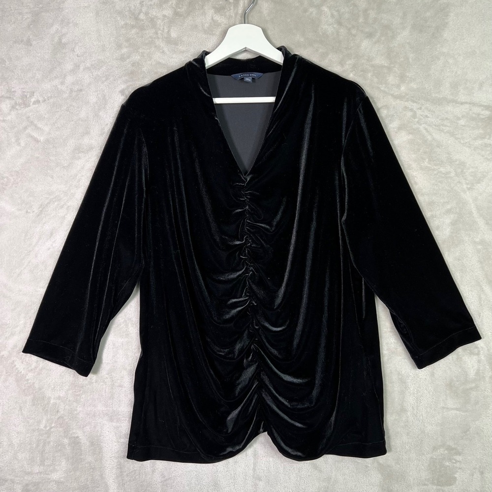 Lands End Velvet Tunic‎ Sz 1X Ruched Gathered Funky Top in Black Romantic Artsy